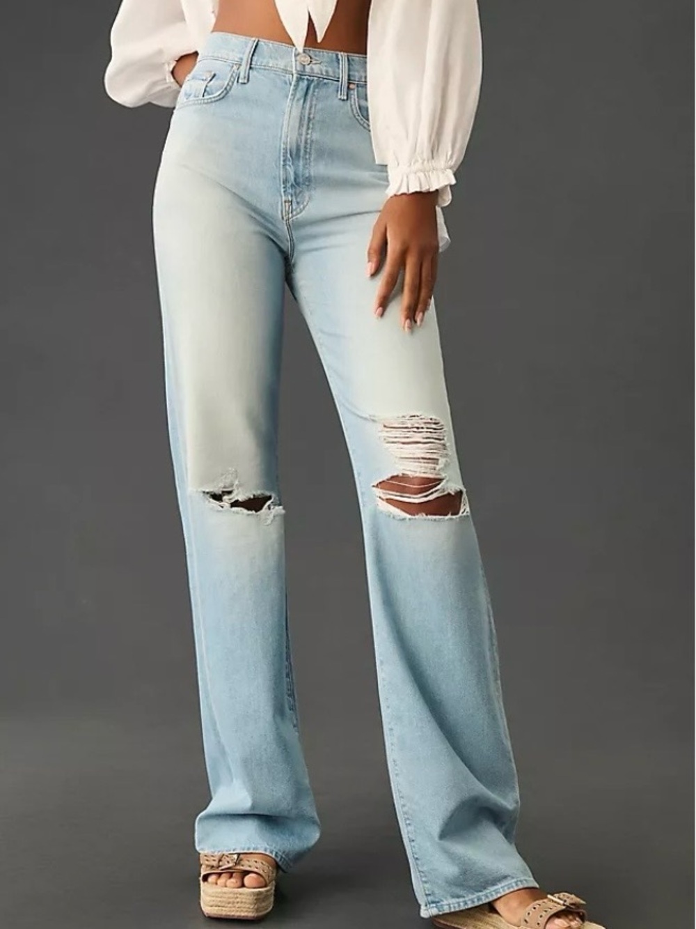 MOTHER Light Blue Distressed The Maven Heel Wide-Leg Jeans